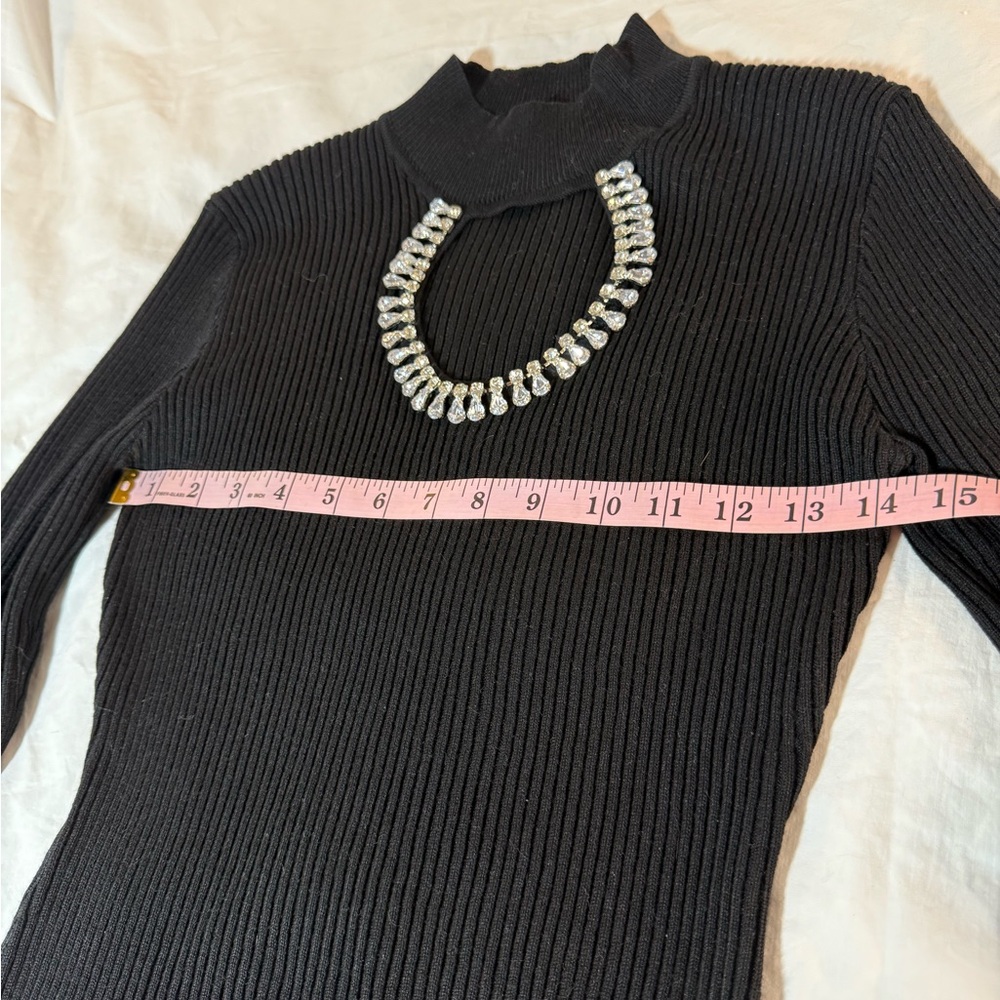 Black Ribbed Long Sweater with Rhinestone Embellishment - Picture 2 of 10